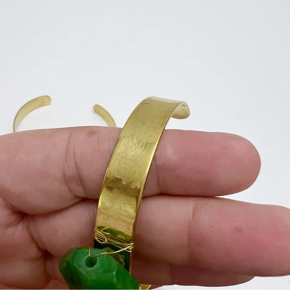 Set of 2 Goldtone Green Agate Stone Cuff Bracelets